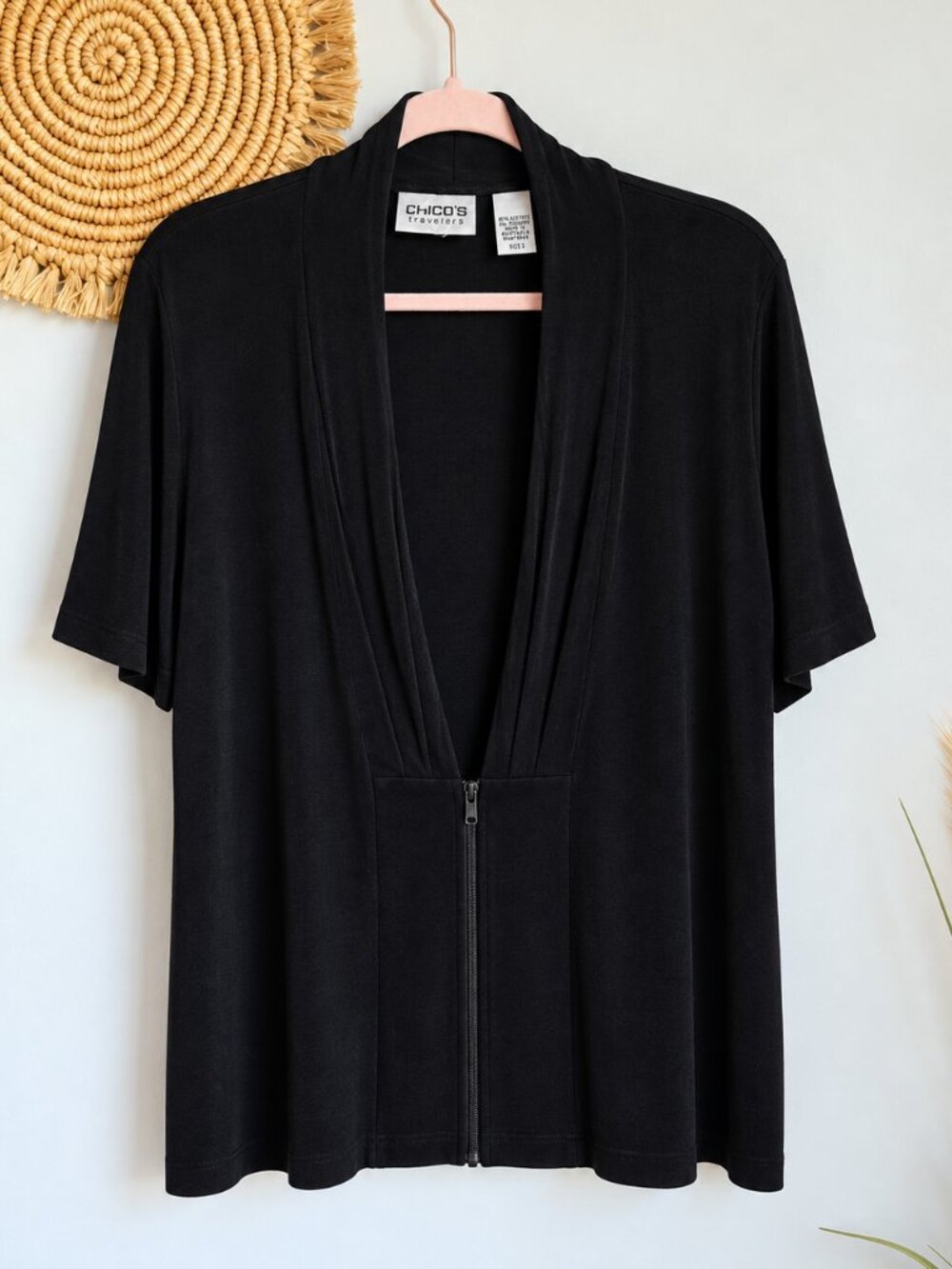 Chico's Travelers Black Acetate Stretch Short Sleeve Zip Front Cardigan SZ XL